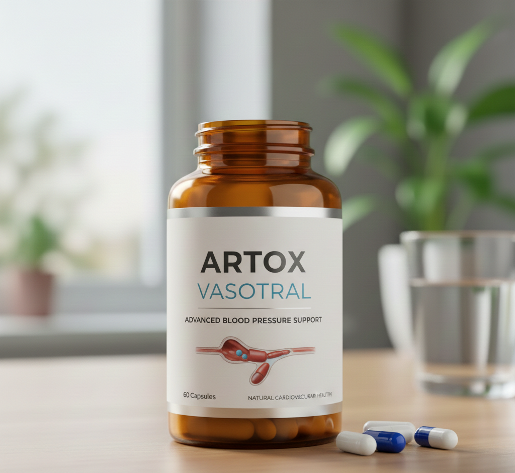 Přírodní doplněk stravy Vasotral v elegantní bílé lahvičce s tmavě zeleným štítkem, obsahující kapsle pro podporu krevního tlaku, fotografováno na čistém bílém pozadí s jemným stínem